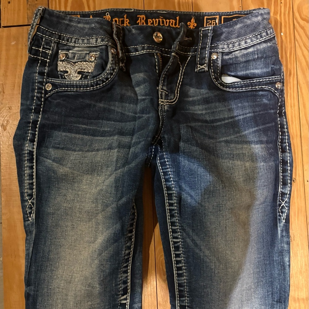 Rock Revival Distressed Blue Jeans with Silver Accents